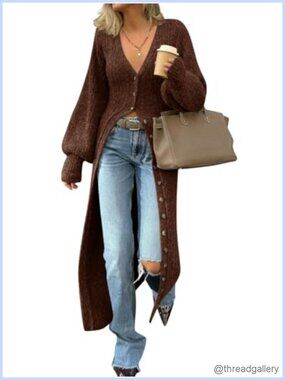 Chunky Knit Long Duster Cardigan V-Neck Button Down Maxi Sweater Dress